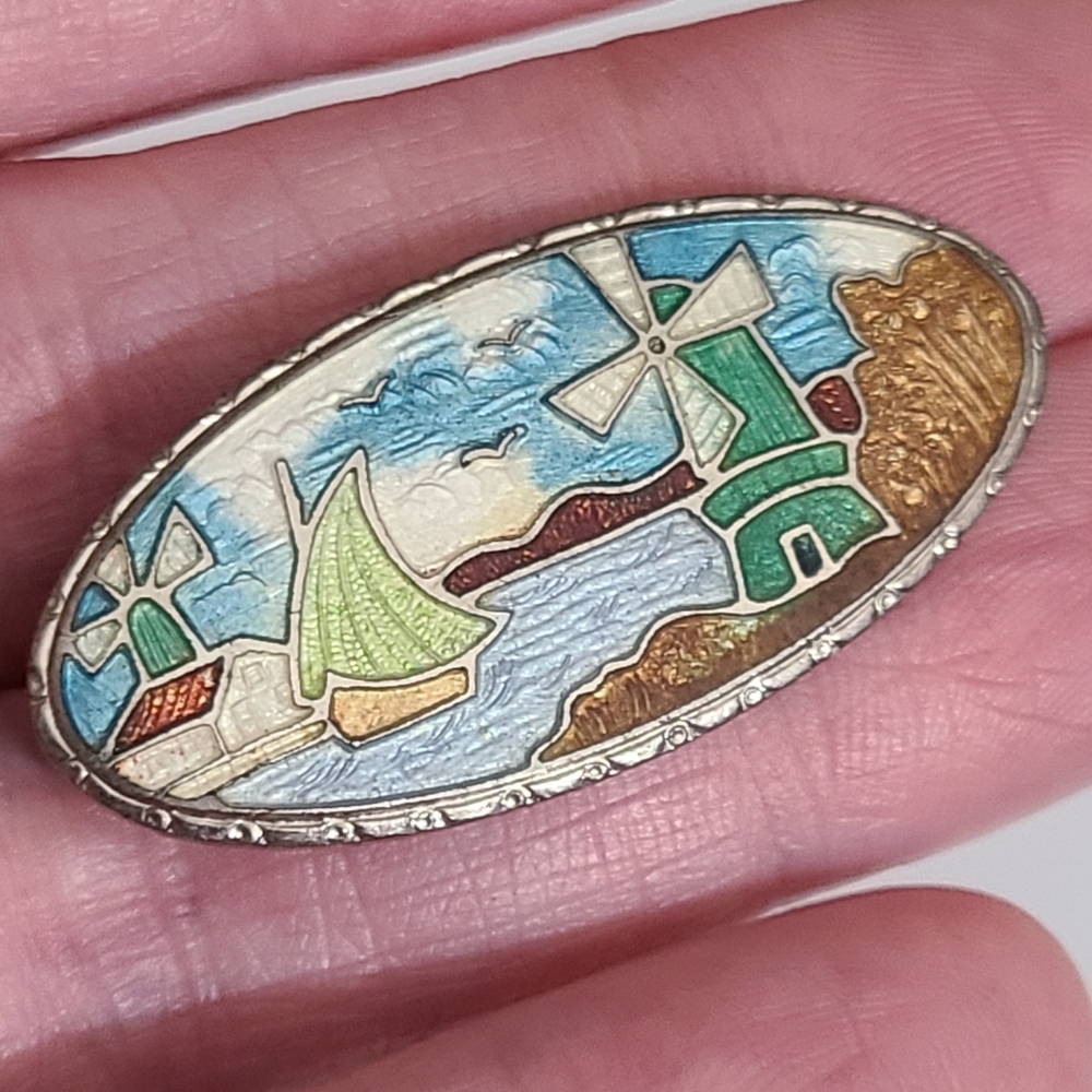 Antique 1910 Holland Guilloche Enamel Pin Brooch Sailboat Windmill Estate Vtg